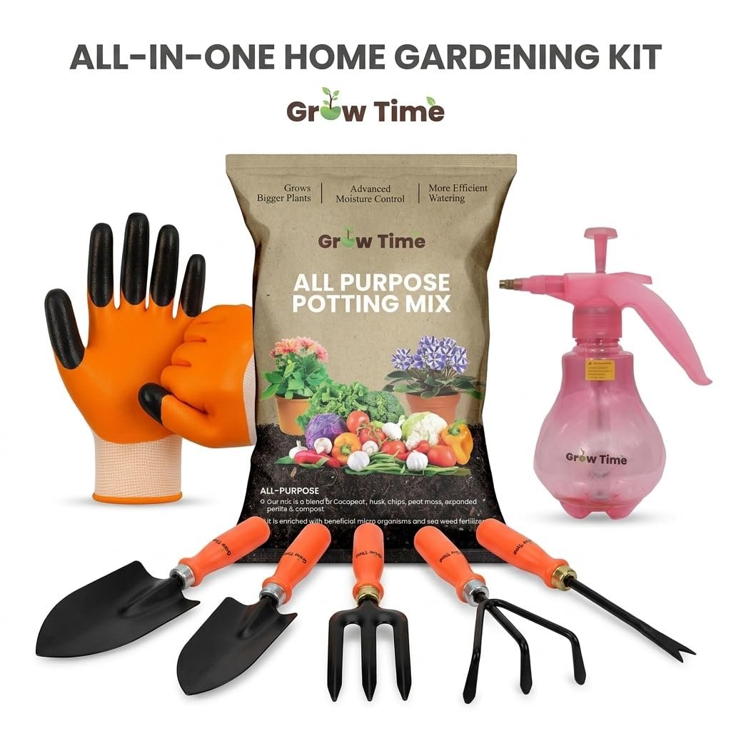 All-in-One Gardening Tool Kit with All Purpose Soil Mix, Garden Hand Tools Set with Cultivator, Garden Fork, Trowel, Small Trowel, Hand Weeder, Gloves & Water Spray, Home & Terrace Gardening